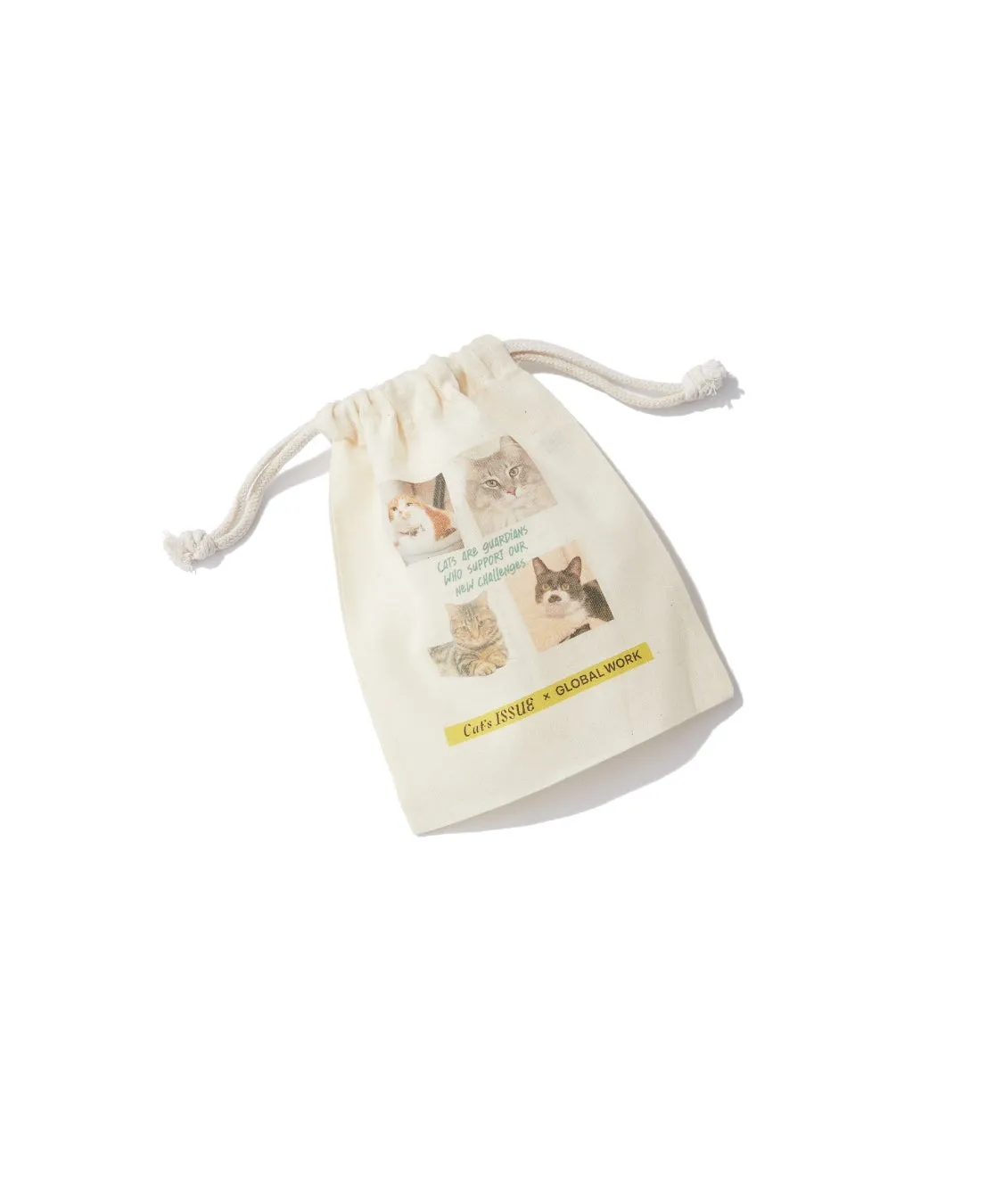 猫の写真がプリントされた巾着袋