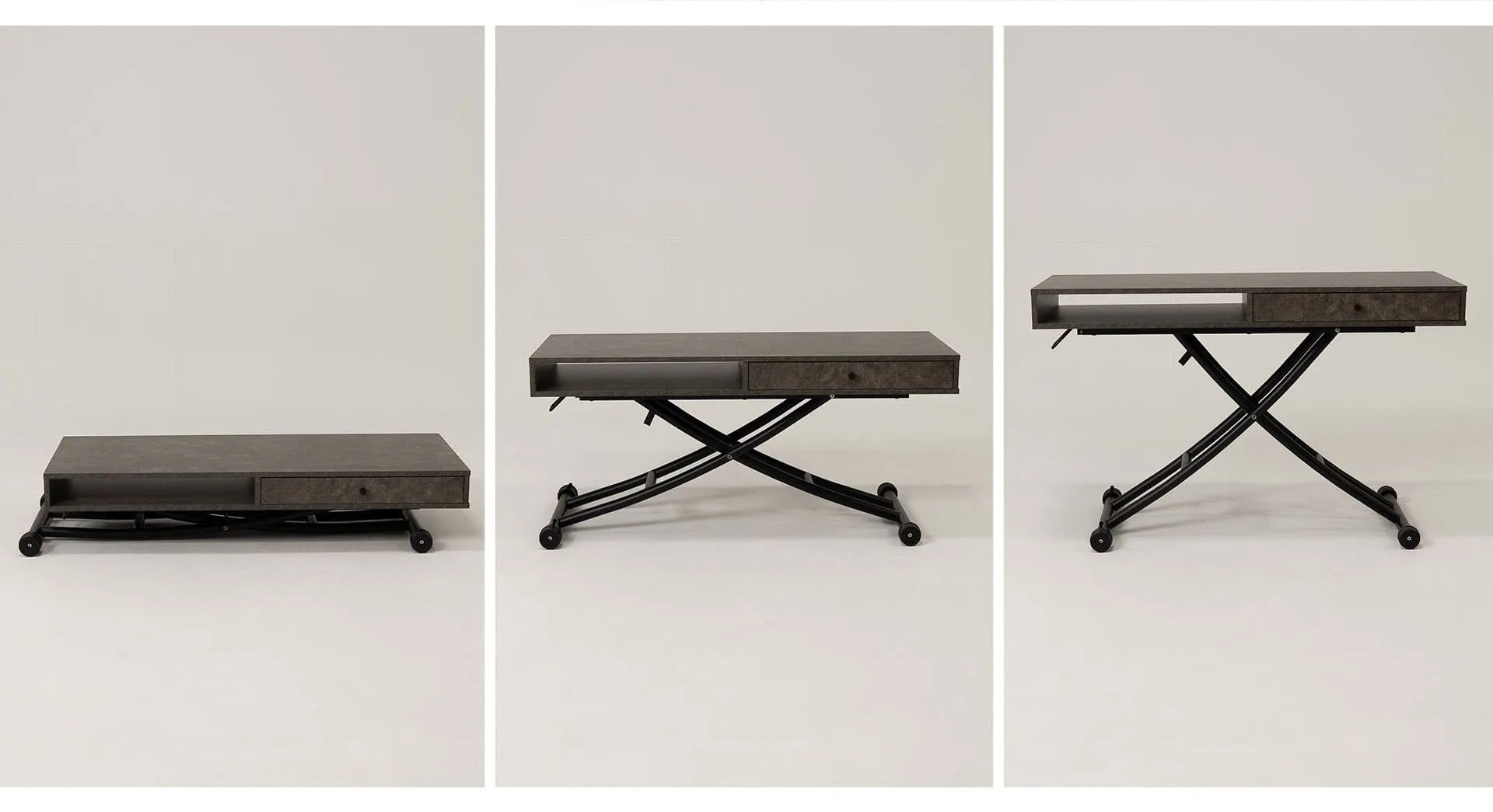昇降式のローテーブルを3つの異なる高さで表示した画像です。テーブルは長方形で、引き出しと収納スペースがあります。黒い金属製の脚部が特徴的です。