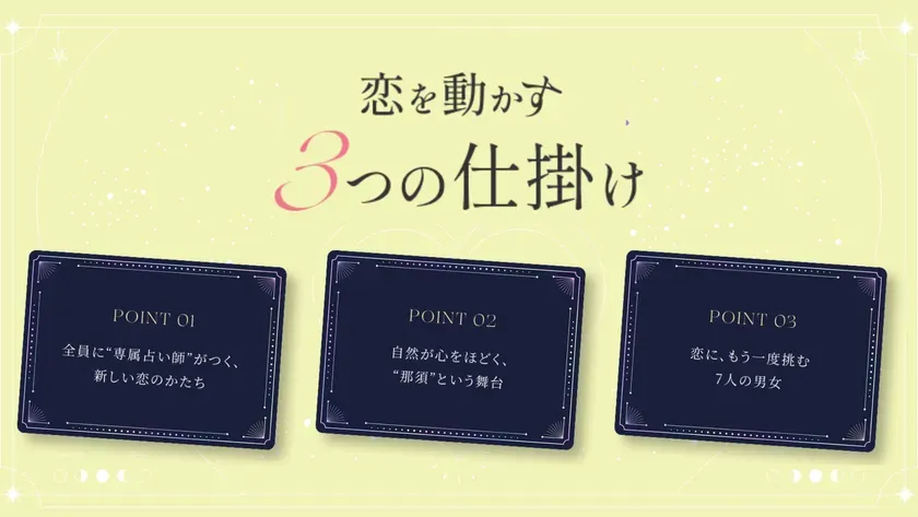 恋を動かす 3つの仕掛け POINT ΟΙ 全員に“専属占い師”がつく、 新しい恋のかたち POINT 02 自然が心をほどく、 “那須”という舞台 POINT 03 恋に、もう一度挑む 7人の男女