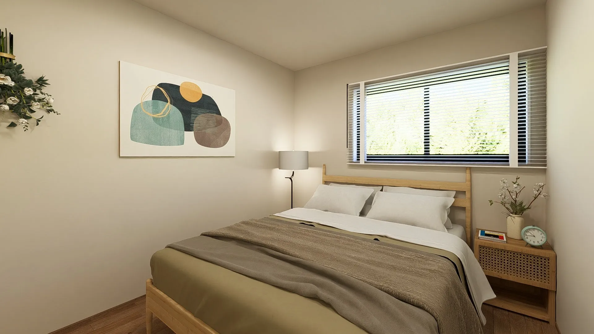 ベッドと窓のあるシンプルな寝室のインテリア