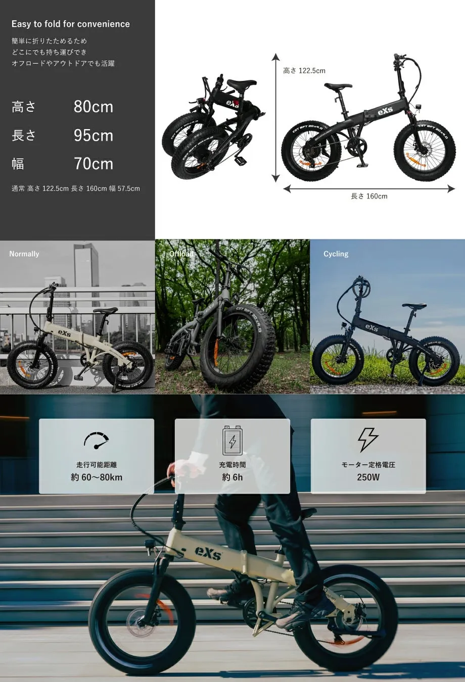 折りたたみ可能な電動自転車の製品紹介画像です。折りたたんだ状態、通常走行時、オフロード走行時、サイクリング中の状態が示されています。また、製品の寸法、走行可能距離、充電時間、モーター定格電圧などの情報も記載されています。