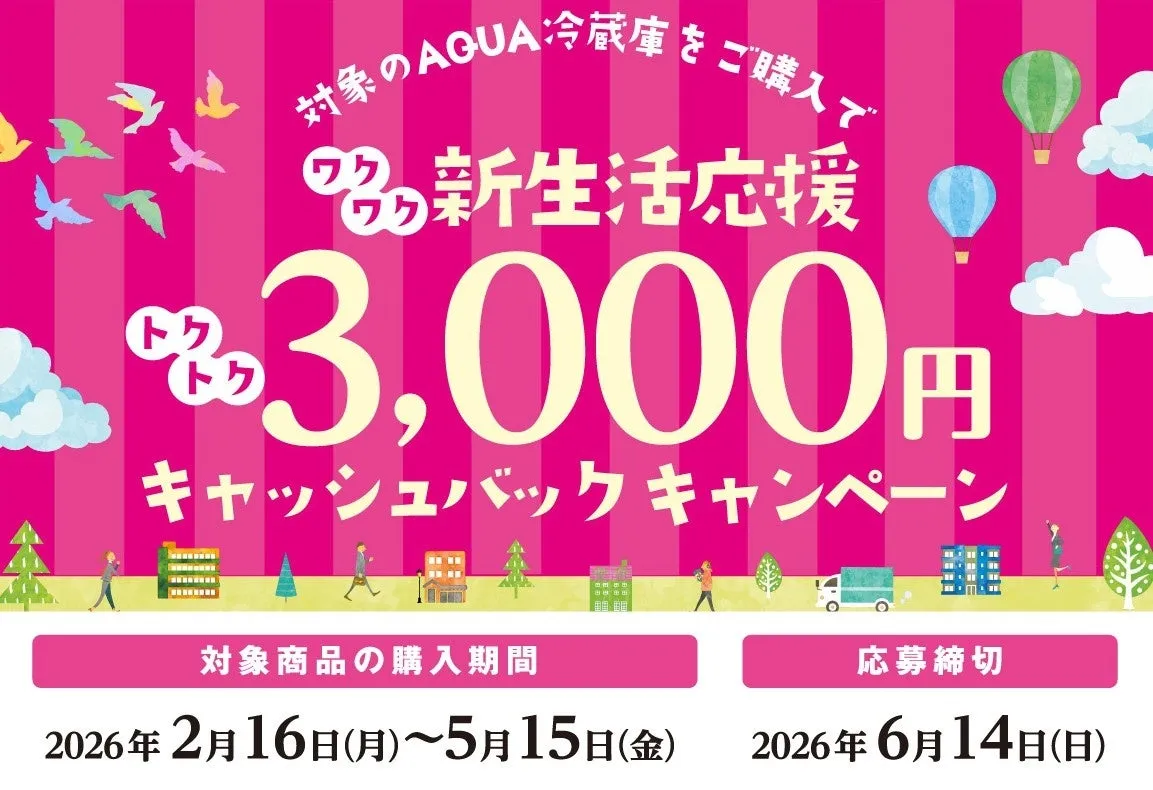 AQUA冷蔵庫キャッシュバックキャンペーンの告知画像