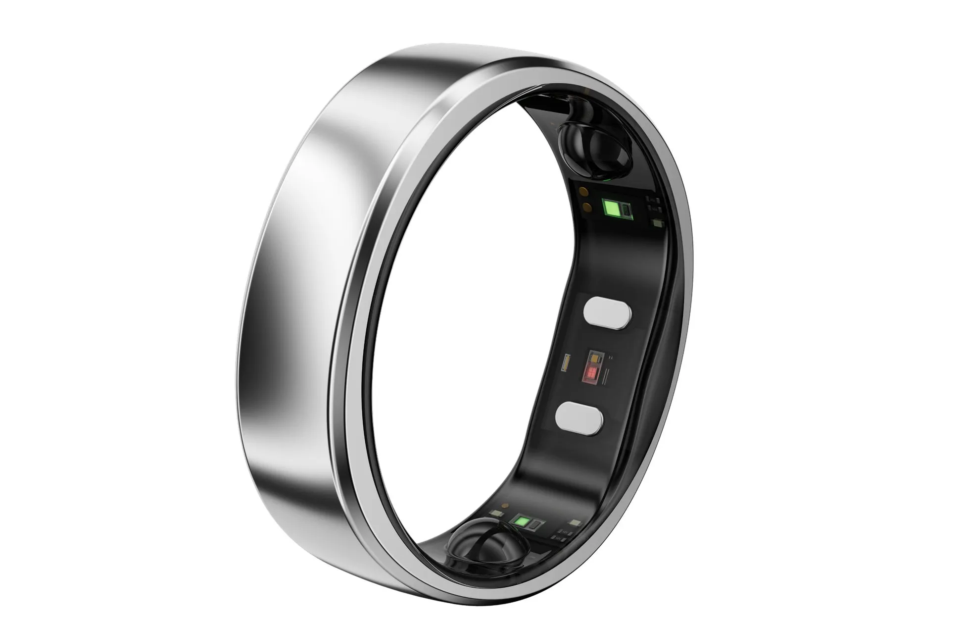 光沢のある銀色のスマートリングのクローズアップ画像。