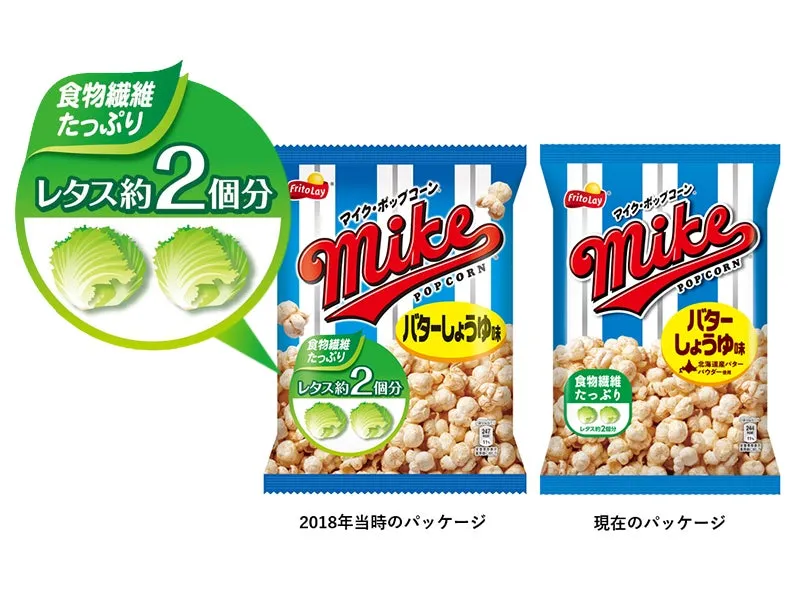 ポップコーンのパッケージの画像。左側には2018年当時のパッケージ、右側には現在のパッケージが写っている。どちらのパッケージにも「Mike」のロゴと「バターしょうゆ味」の文字がある。また、食物繊維が豊富に含まれていることと、レタス約2個分の食物繊維が含まれていることが示されている。