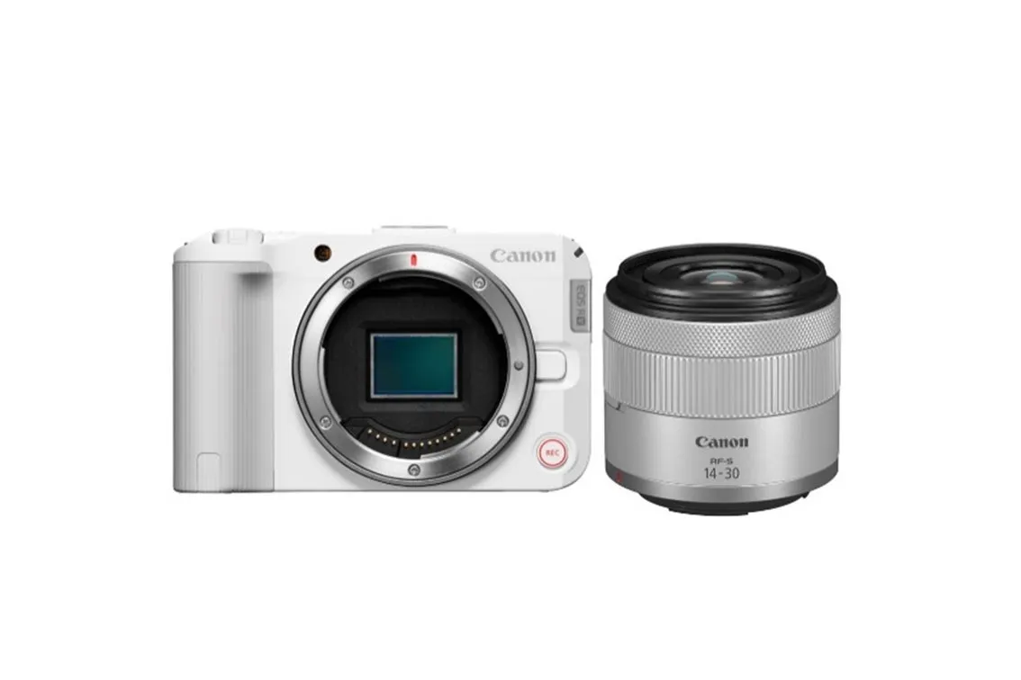 白いCanon EOS Rシリーズのカメラとレンズの画像です。カメラはレンズなしで、レンズは分離されています。カメラにはCanonのロゴとEOS Rの文字があります。レンズにはRF-S 14-30の文字とCanonのロゴがあります。