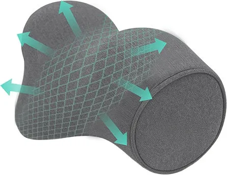 グレーのネックピローで、通気性を示す矢印が描かれています。