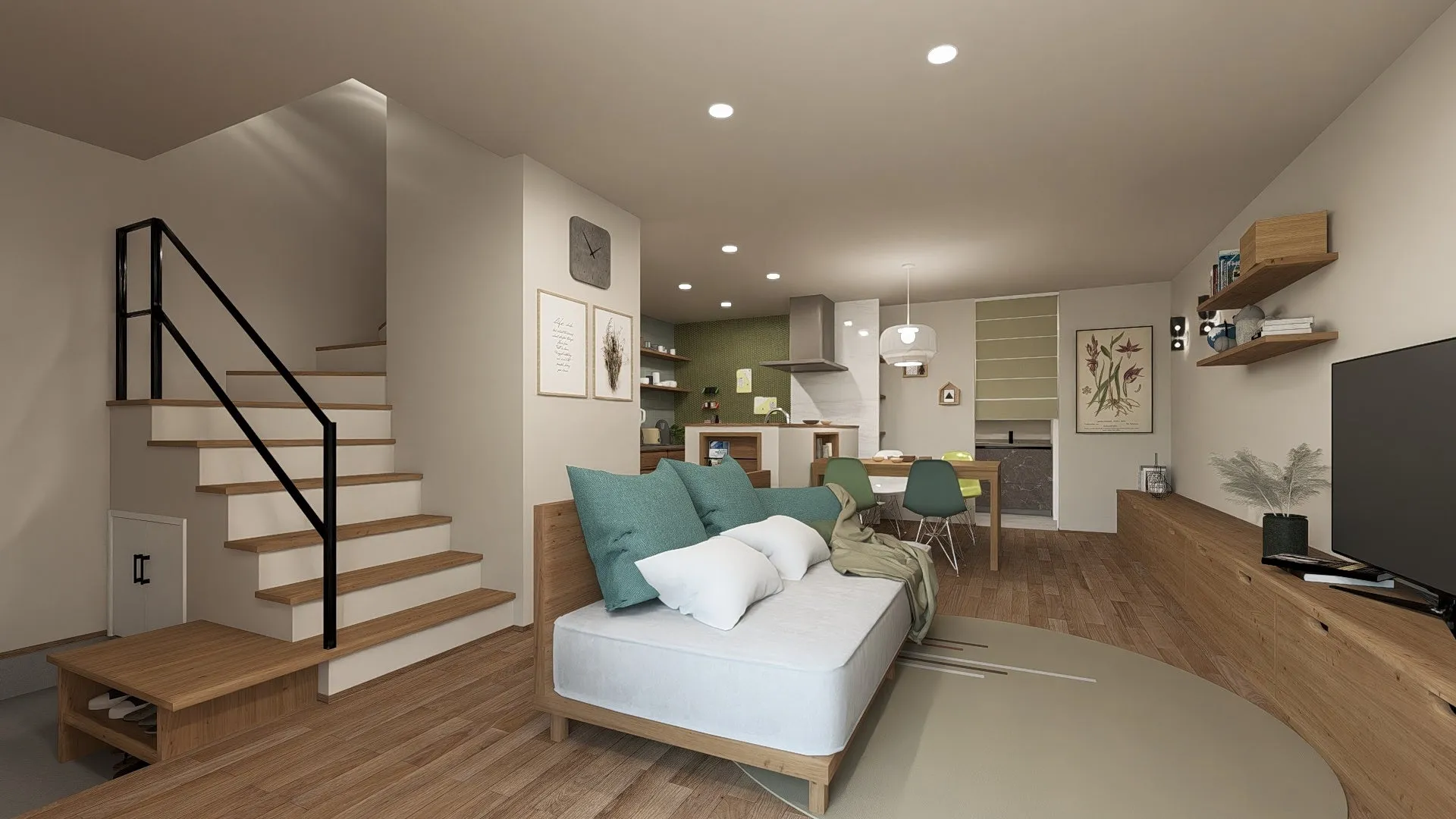 モダンなリビングルームと階段のインテリアデザイン