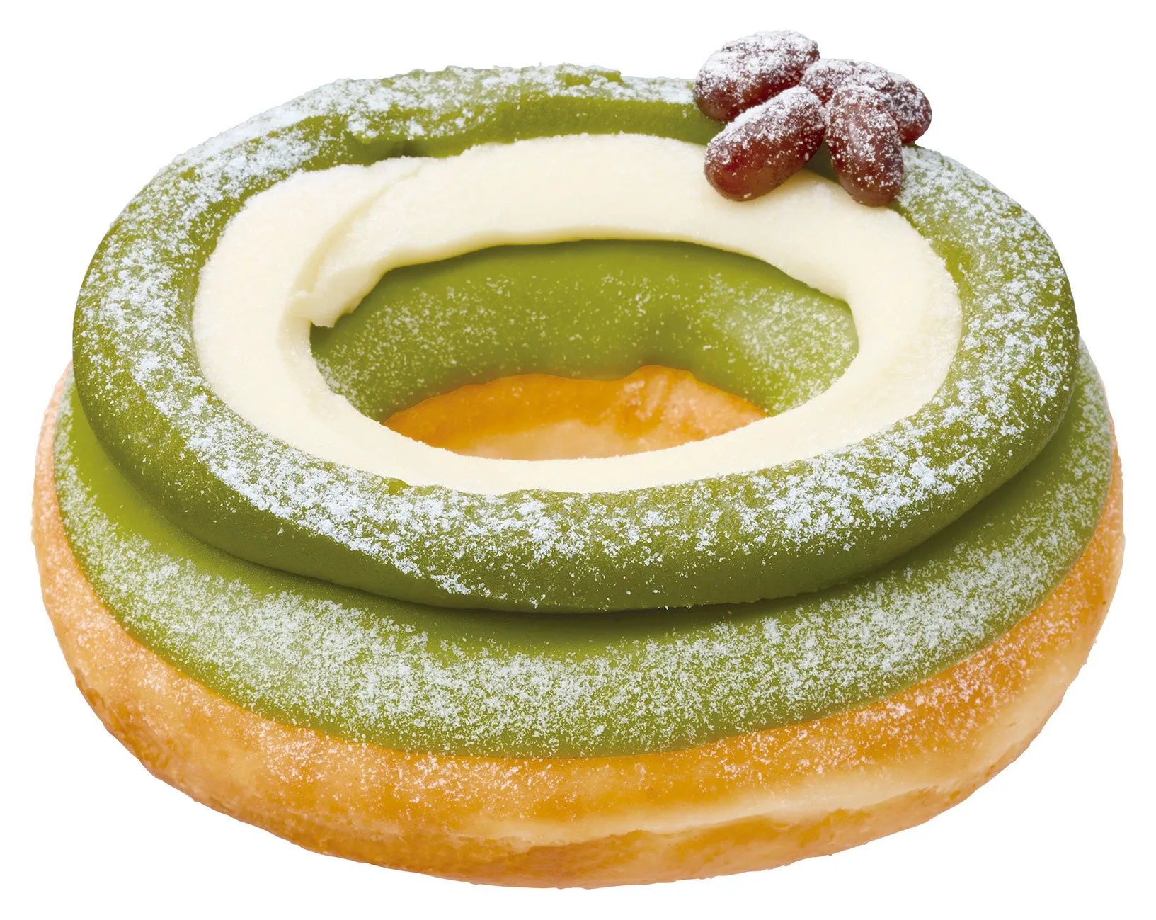 抹茶ドーナツのクローズアップ写真。ドーナツは緑色のアイシングで覆われており、白いアイシングがドーナツを囲み、上に甘納豆が飾られています。