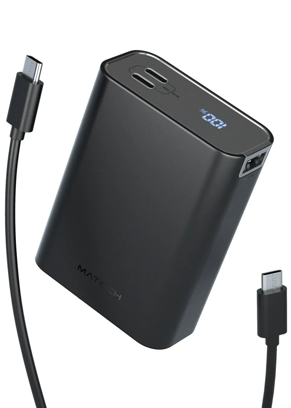 MATECHのモバイルバッテリーの画像です。バッテリー残量を示すデジタル表示と、USBケーブルが2本写っています。
