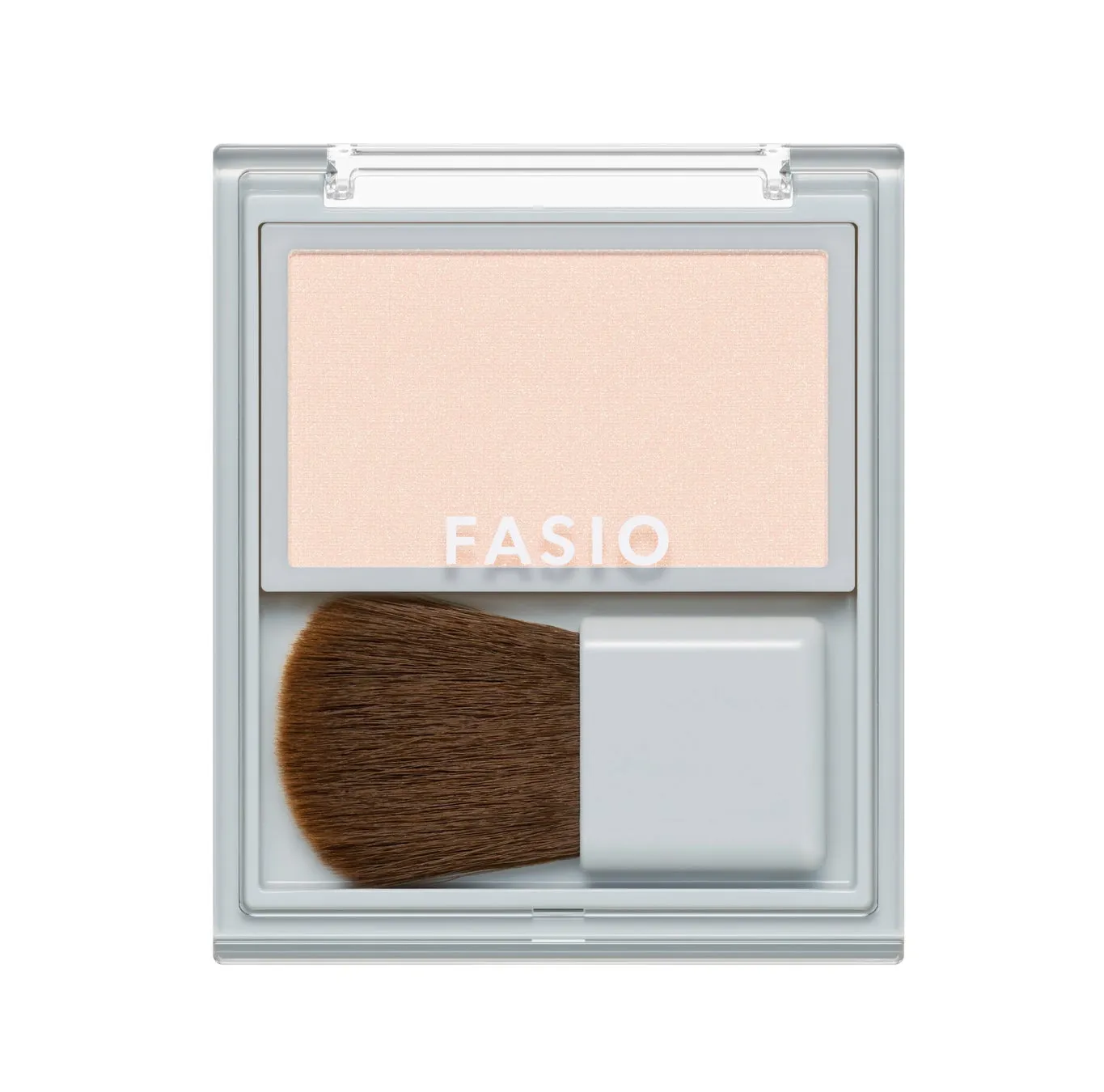 FASIOの化粧品の画像です。白いケースの中に、薄いピンク色のパウダーと、ブラシが入っています。