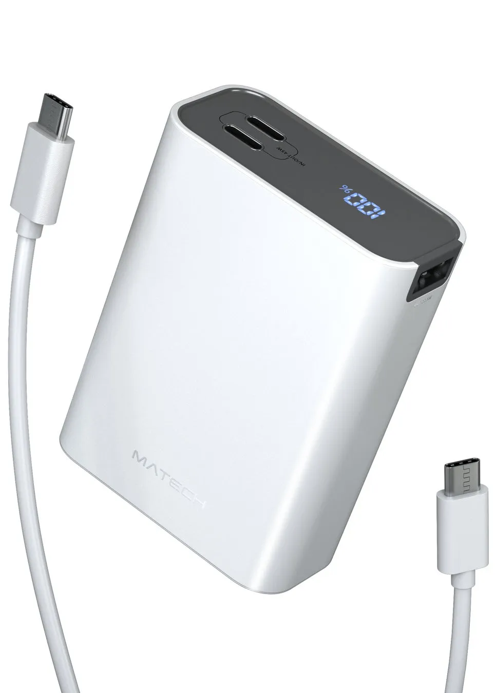 白のモバイルバッテリーの画像です。バッテリー本体、ケーブル、充電残量が表示されています。