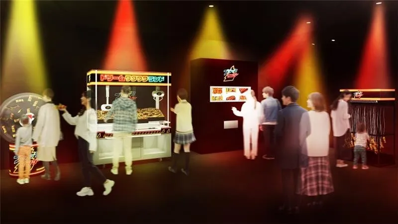 様々なゲーム機や遊具が設置された屋内施設で遊ぶ人々の様子。