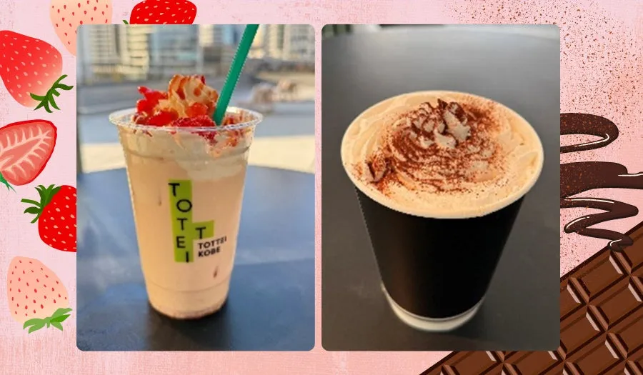 2種類の飲み物が写った写真。左側はストロベリーシェイク、右側はカプチーノのように見える。