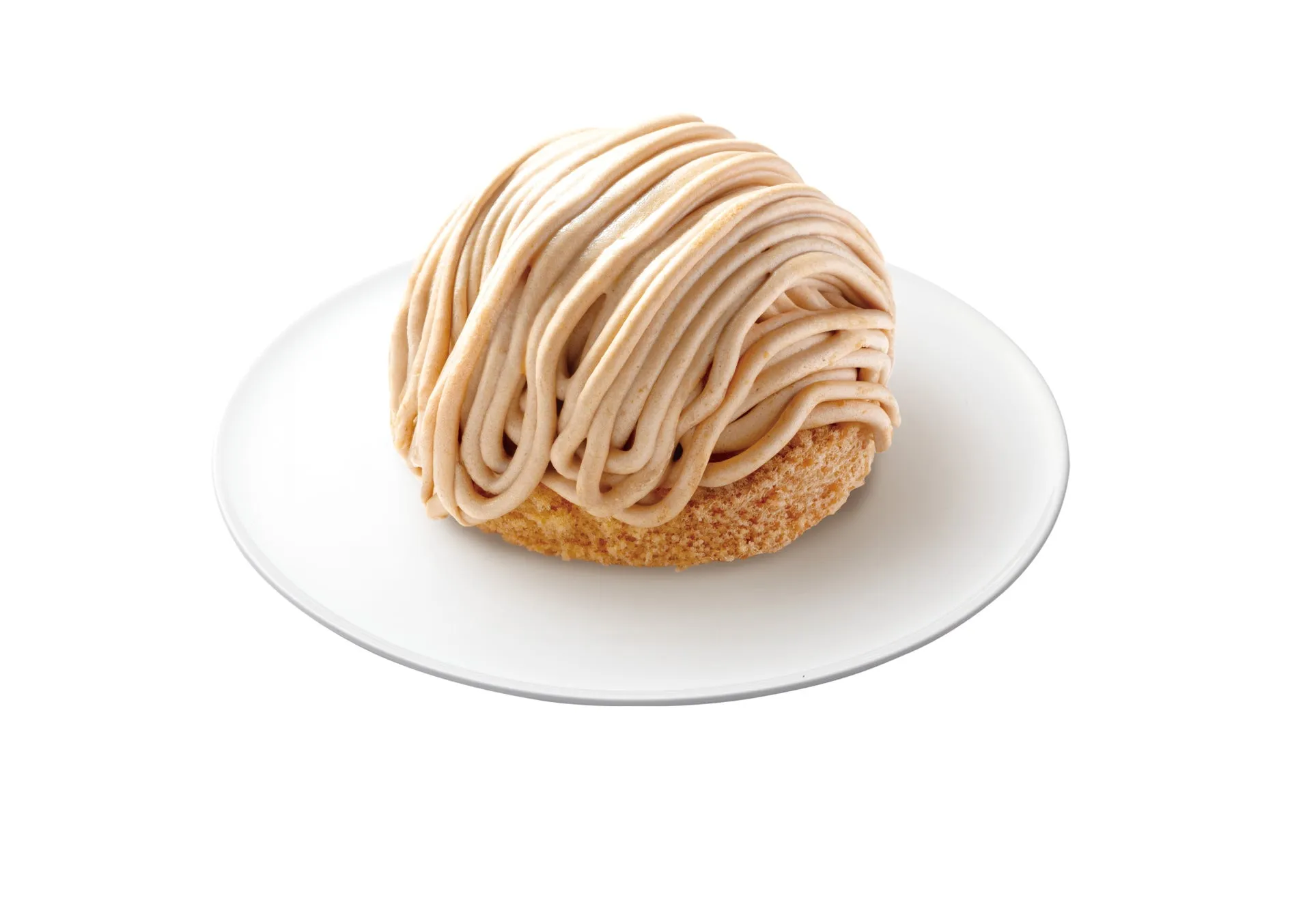 白い皿に盛られたモンブランケーキの画像です。ケーキは、茶色のクリームが渦巻き状にトッピングされており、土台はスポンジケーキのようです。