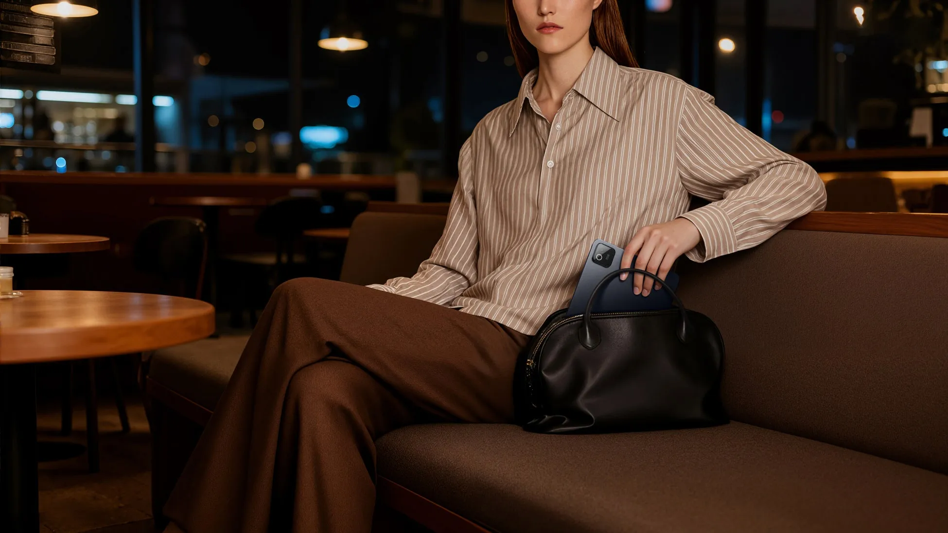 ソファでスマートフォンとバッグを持つ女性