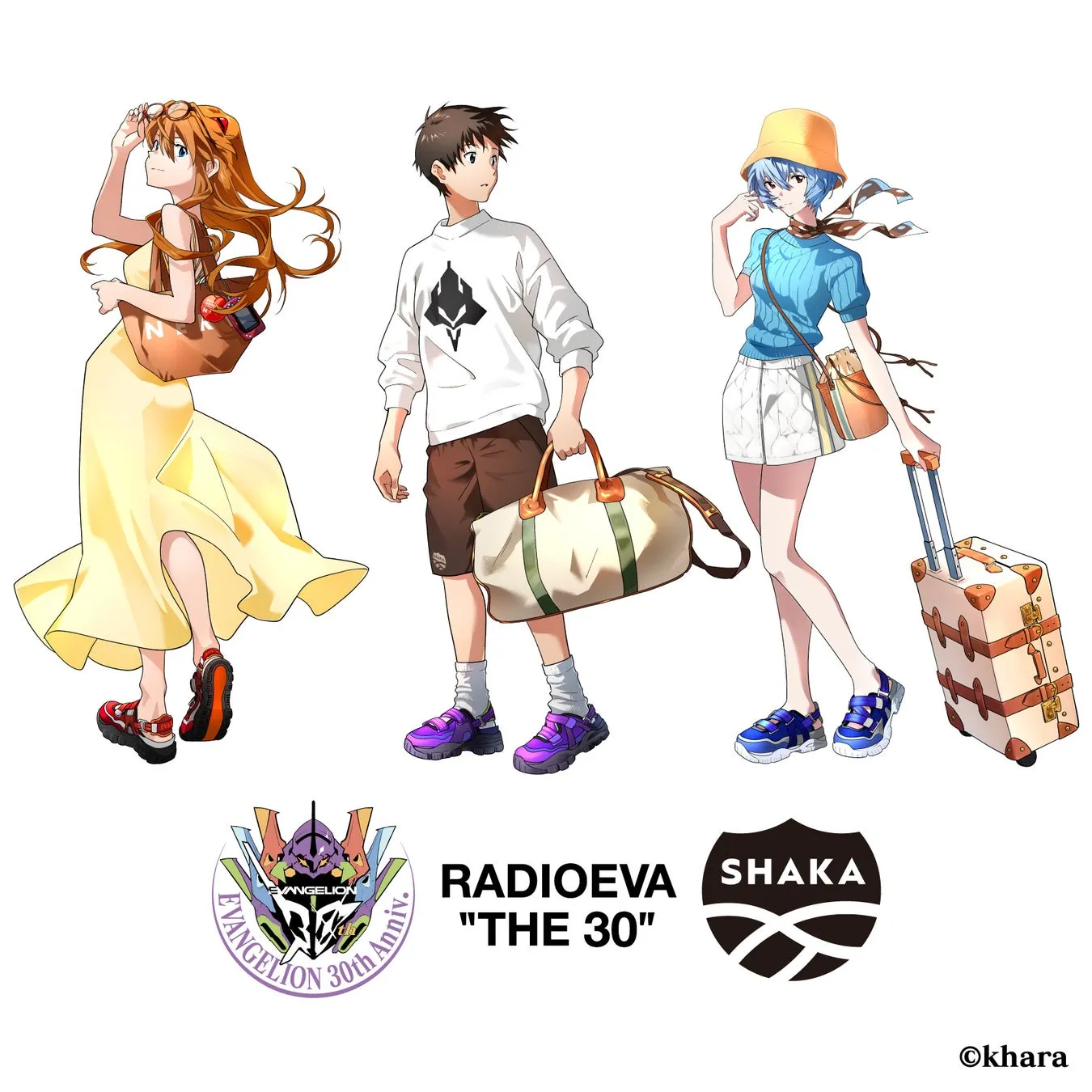 エヴァンゲリオンのキャラクター、アスカ、シンジ、レイが旅行カバンやバッグを持ち、夏らしい服装で描かれたイラスト