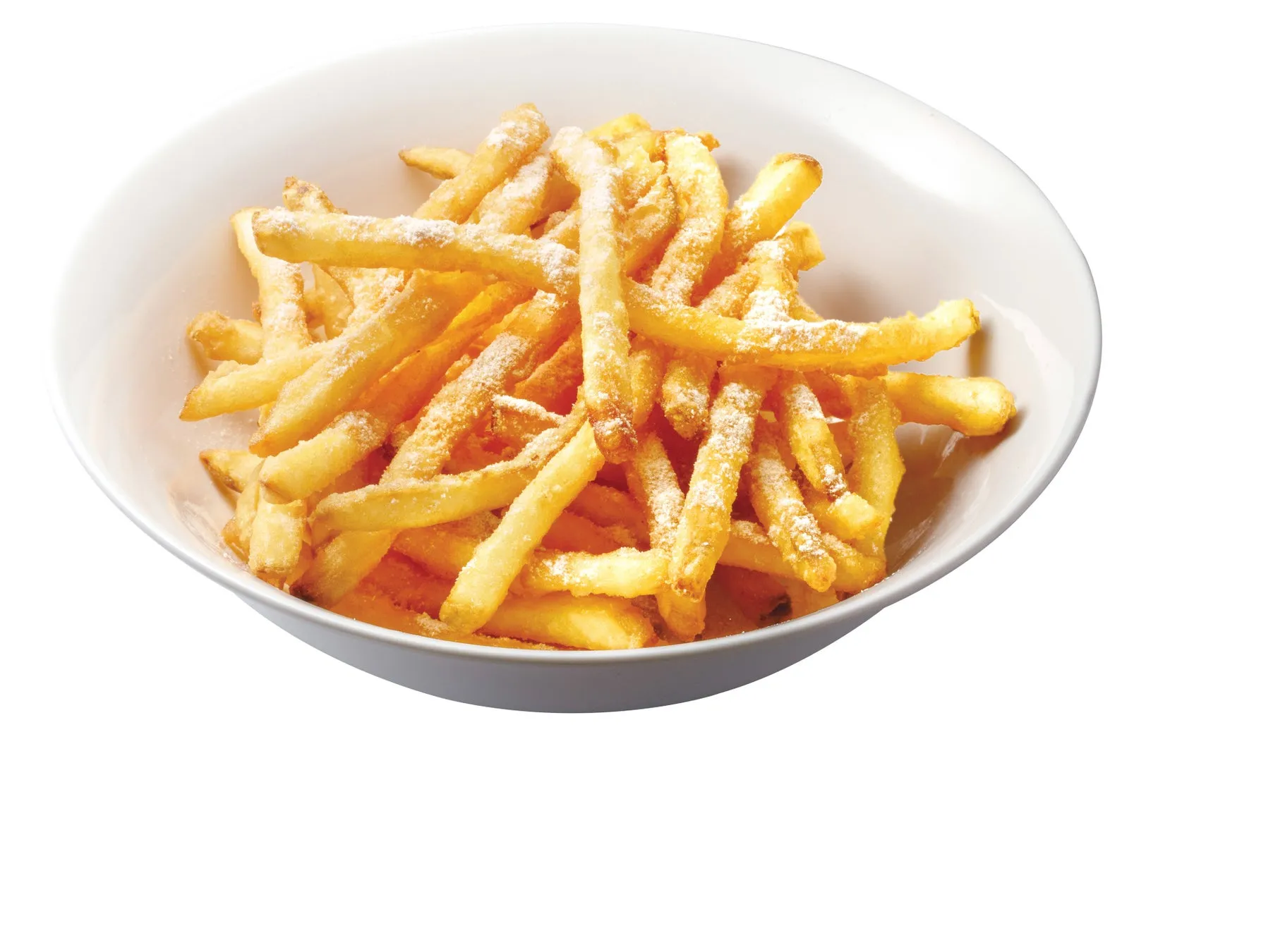 白い器に入ったフライドポテトの写真。ポテトには粉末状のものがまぶされている。