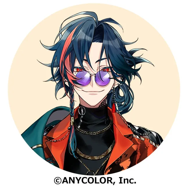 丸いフレームに収められた、髪に赤と青のハイライトが入った黒髪の男性キャラクターのイラスト。彼は紫色のサングラスをかけ、オレンジ色のジャケットと黒いタートルネックを着ている。